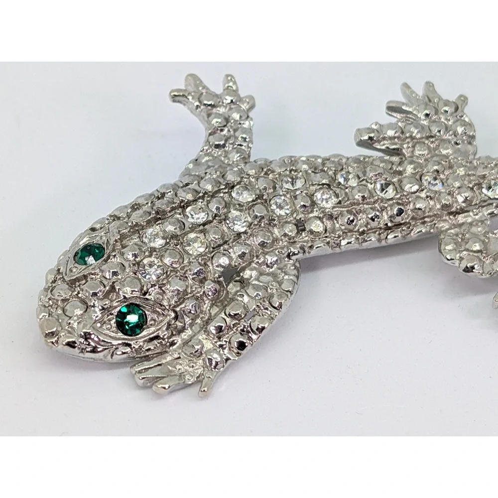 Antique Art Deco 1920-1930's Rhinestone‎ Lizard Brooch Pin Long Green Eyes